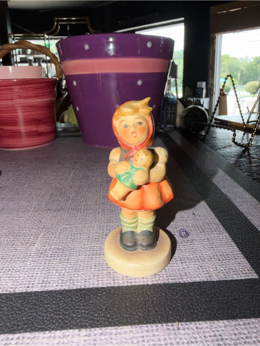Vintage Girl with Doll Figurine in Orange and Cream